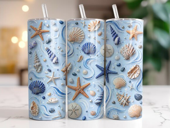 Blue Coastal Seashells Tumbler Wrap Graphics