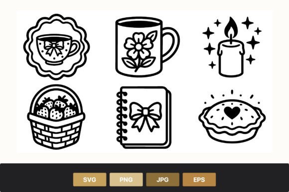 Cup Candle Basket Pie Line Art Vector Graphics and Illustrations