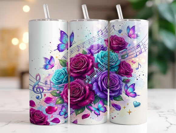 Elegant Rose Music Notes Tumbler Wrap Graphics