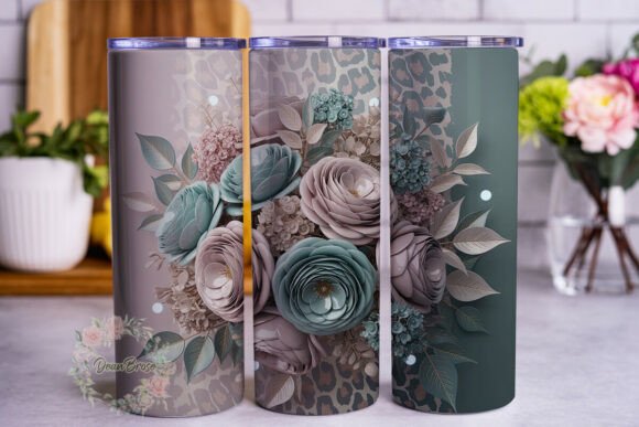 Pink Teal Floral Leopard Tumbler Wraps Graphics